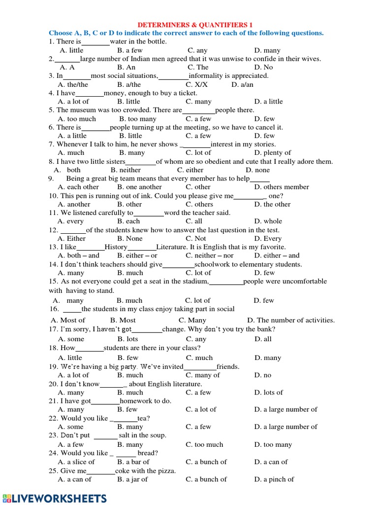 Determiners and Quantifiers Practice | PDF | Language Arts & Discipline ...