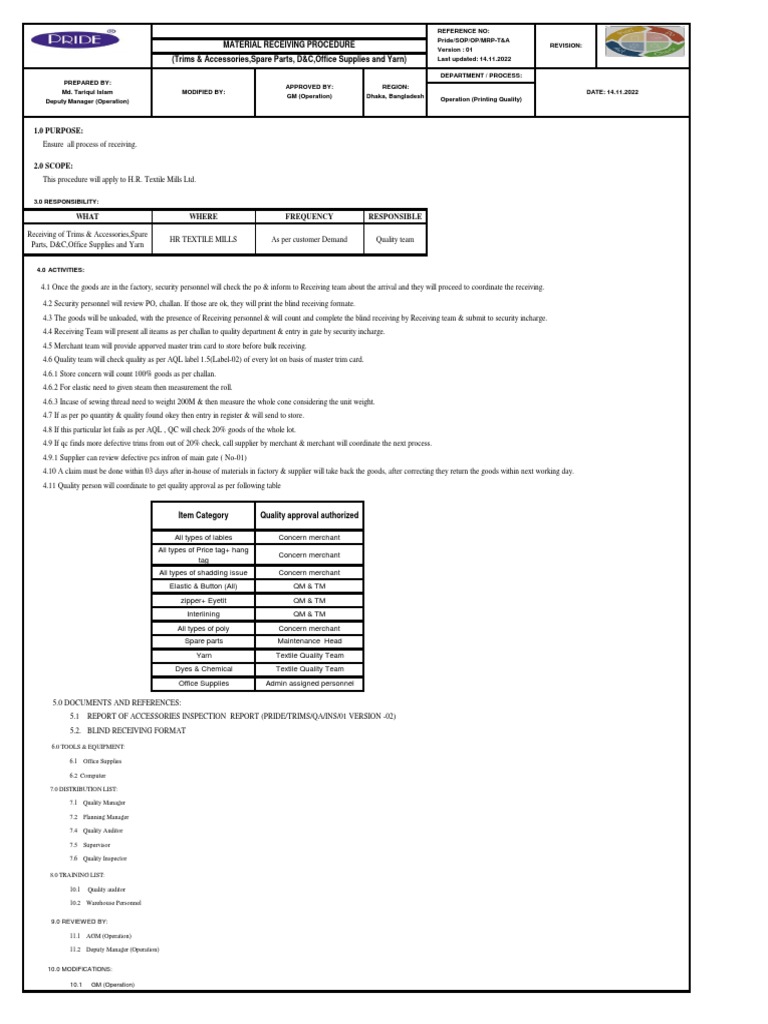 Material Receiving Procedure PDF