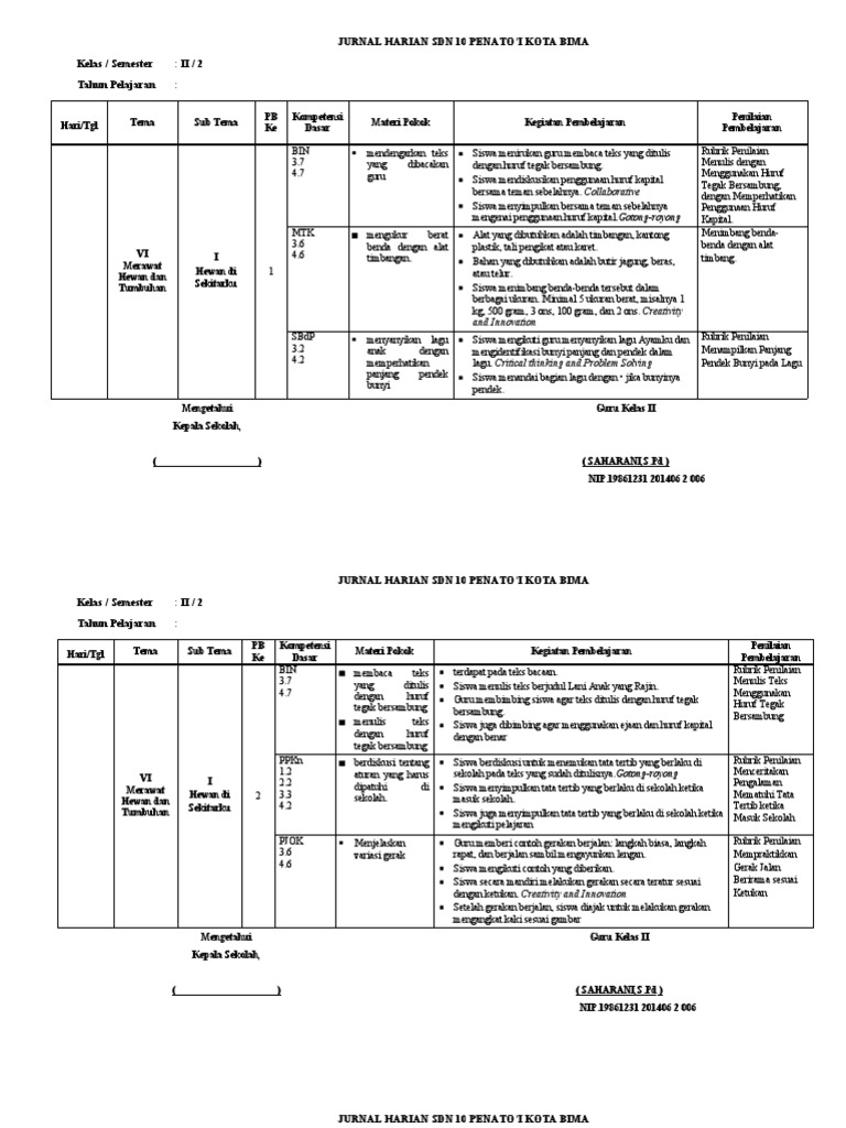 Jurnal Harian Kelas 2 SD Semester 2 | PDF