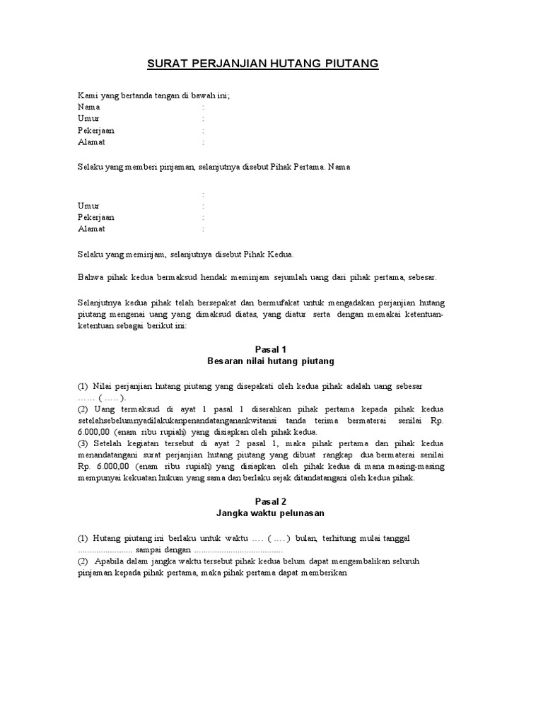 Contoh Surat Perjanjian Hutang Piutang Pdf