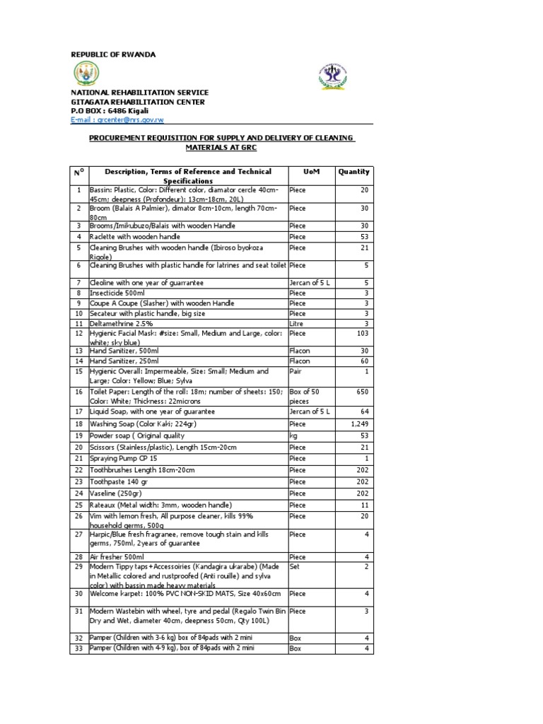 Procurement Requisition For Supply and Deliver of Cleaning Materials