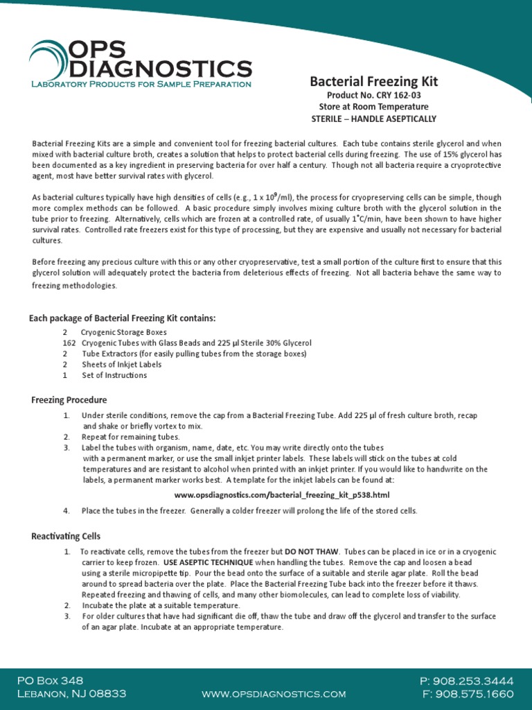 Bacterial Freezing Kit Instructions PDF Chemistry Materials