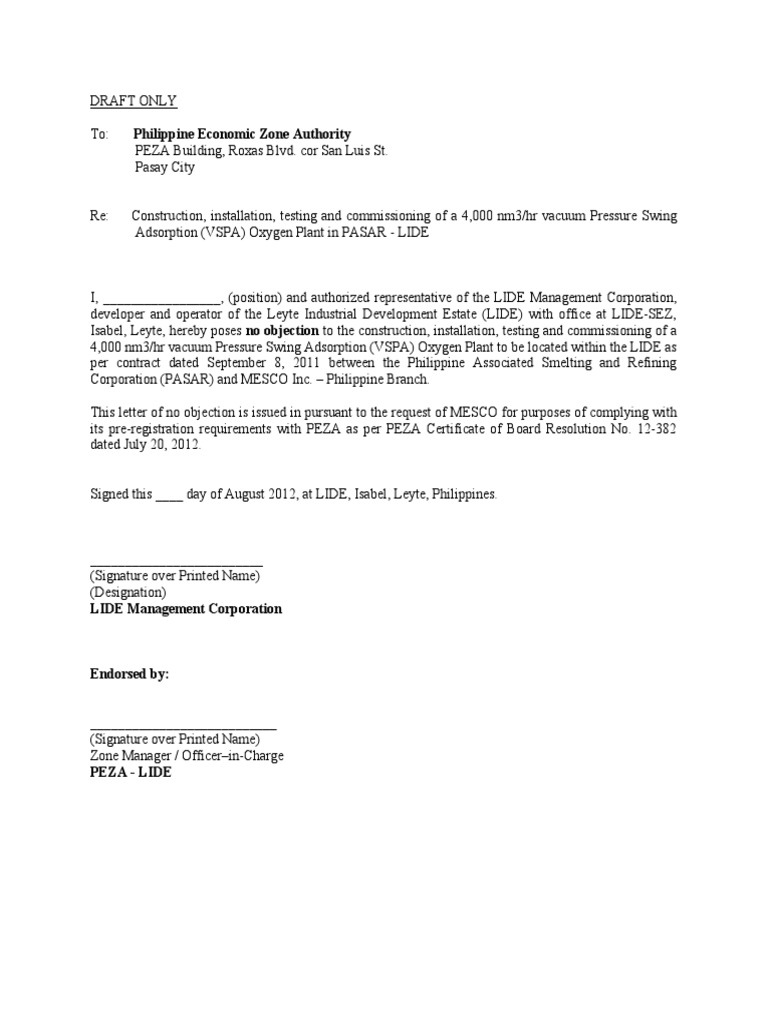 No Objection Letter (DRAFT) PDF