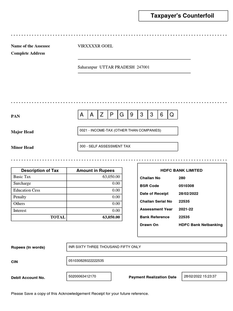 A A Z P G 9 3 3 6 Q: Taxpayer's Counterfoil | PDF