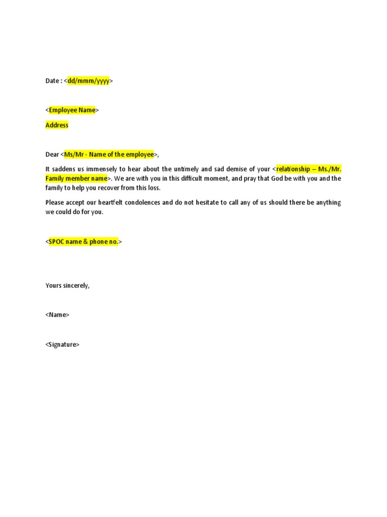 Condolence Letter - Loss of Family Member | PDF