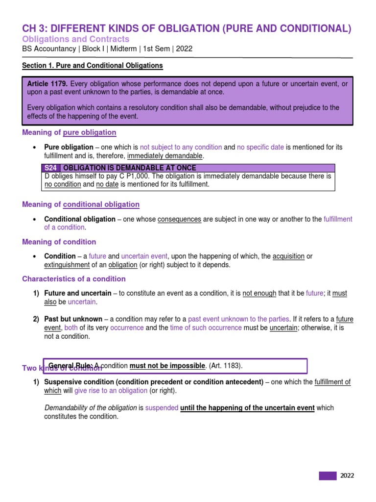 CH 3 Pure and Conditional Different Kinds of Obligations PDF Legal