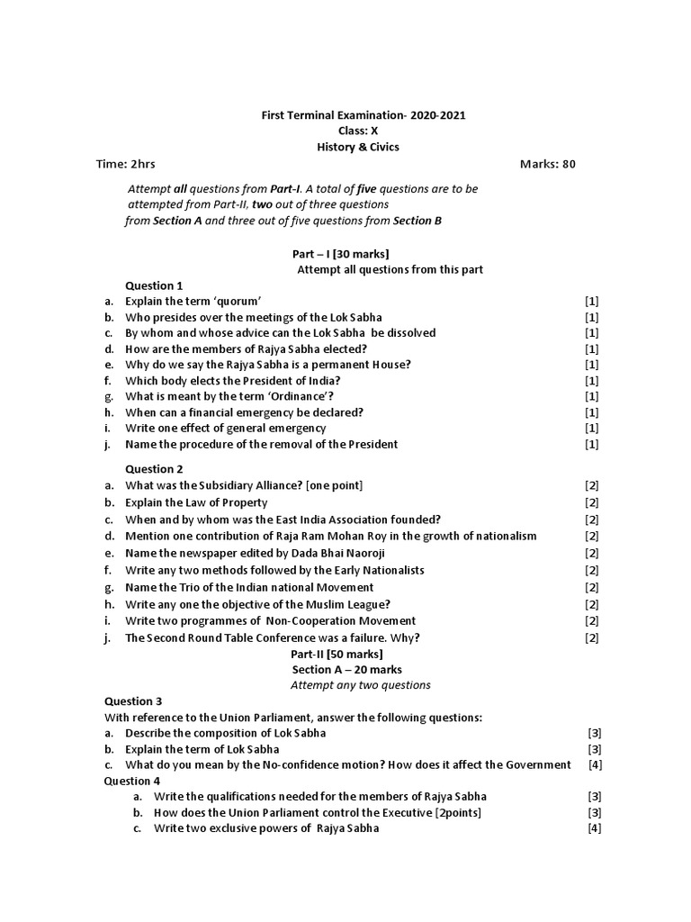 First Terminal Examination History Class X 2021 PDF
