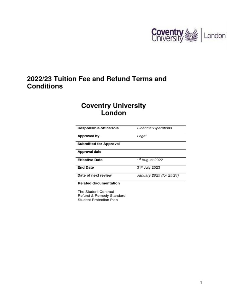 Coventry University London 2022 2023 PDF Payments Fee