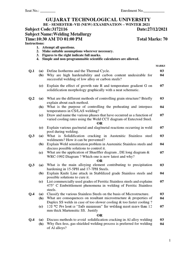 Welding Metallurgy Exam Questions Covering Solidification Morphology