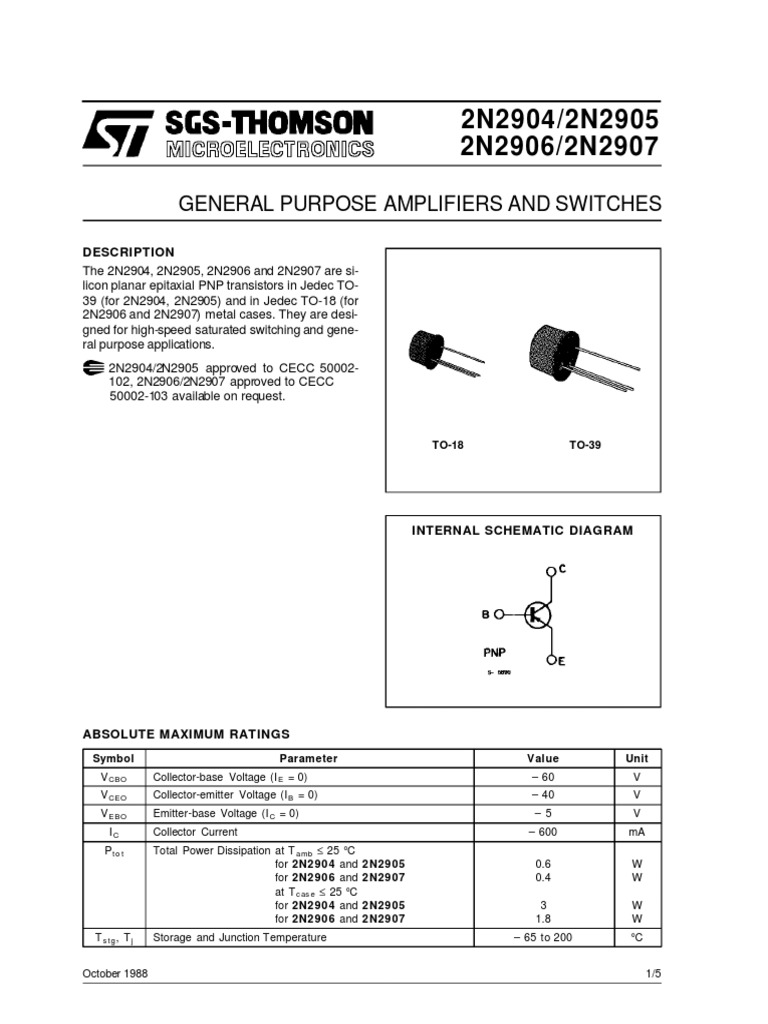 2N2904/2N2905 2N2906/2N2907: General Purpose Amplifiers and Switches | PDF