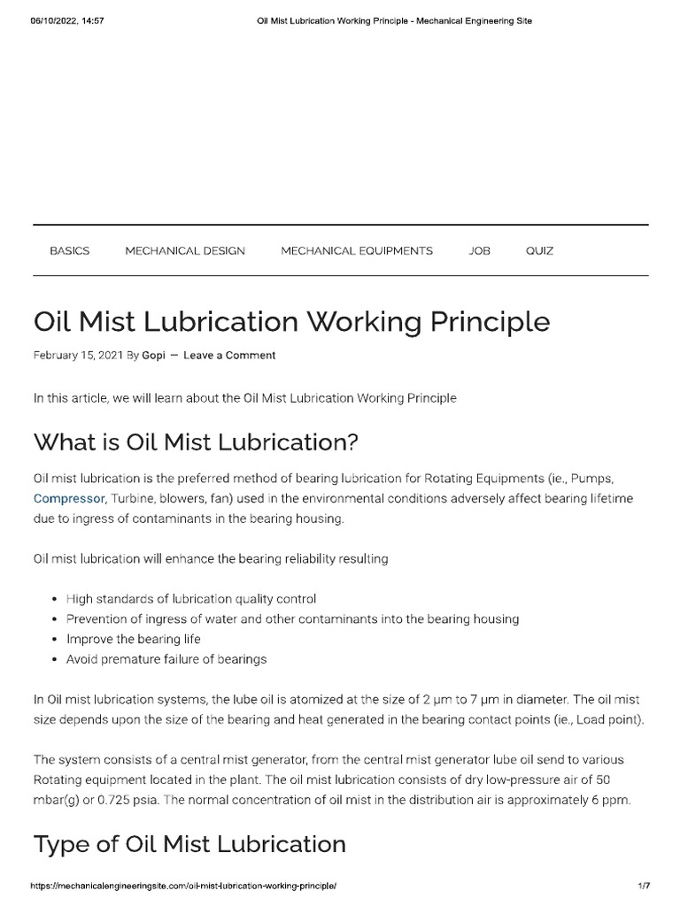 Oil Mist Lubrication Working Principle Mechanical Engineering Site PDF