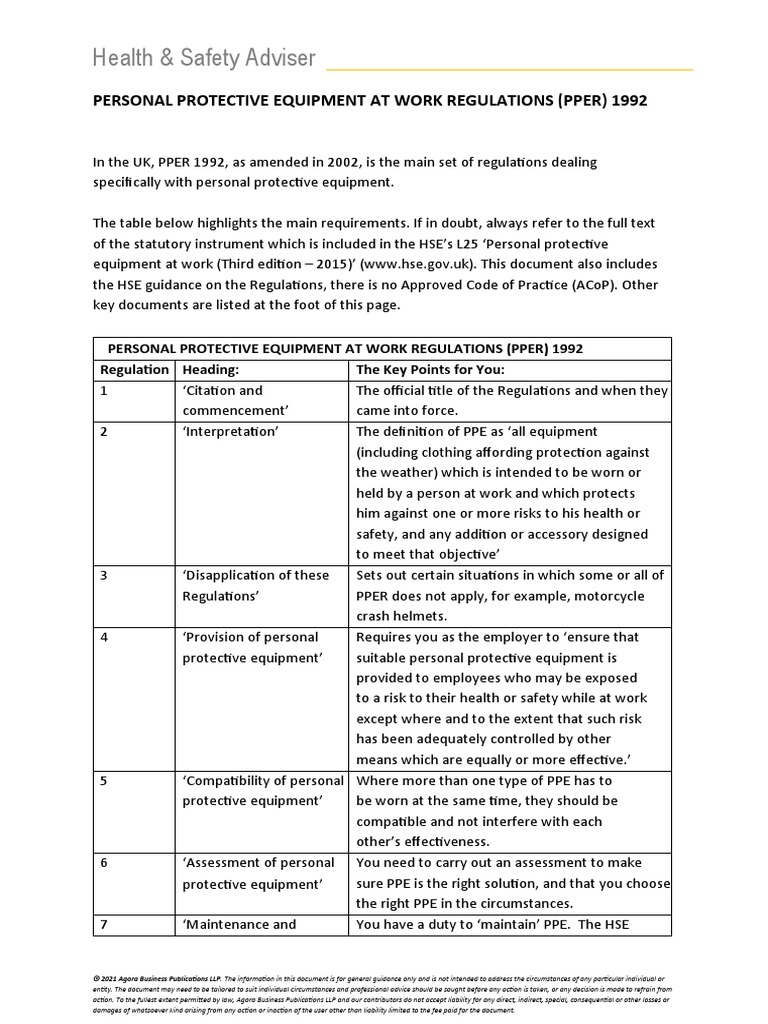 Personal Protective Equipment at Work Regulations 1992 | PDF | Personal ...