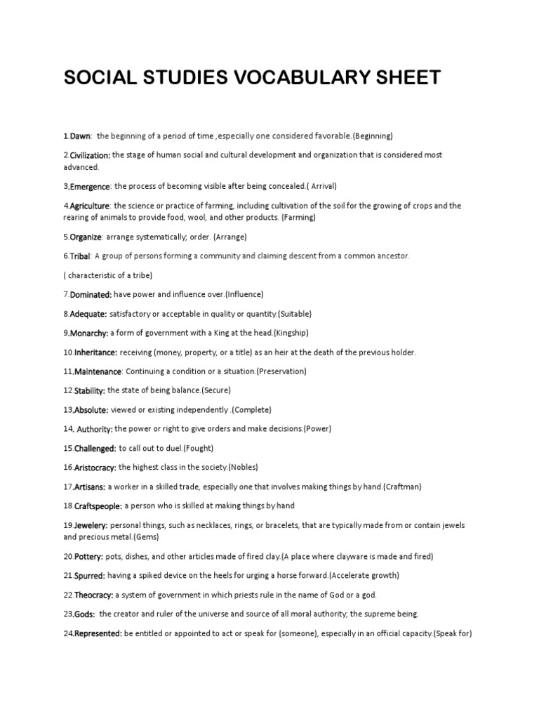 Social Studies Vocab Sheet PDF