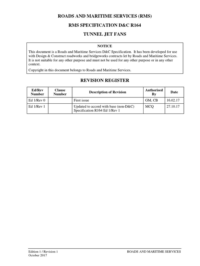 Roads and Maritime Services (RMS) Rms Specification D&C R164 Tunnel Jet
