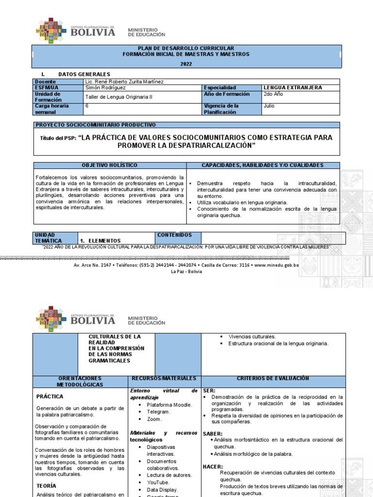 Plan de Desarrollo Curricular Bolivia | PDF | Planificación | Bolivia