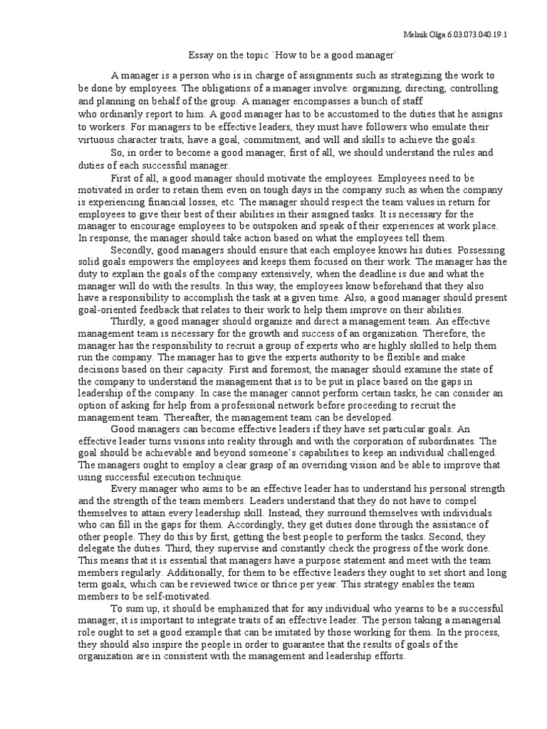 Essay How To Be A Good Manager | PDF | Leadership | Goal