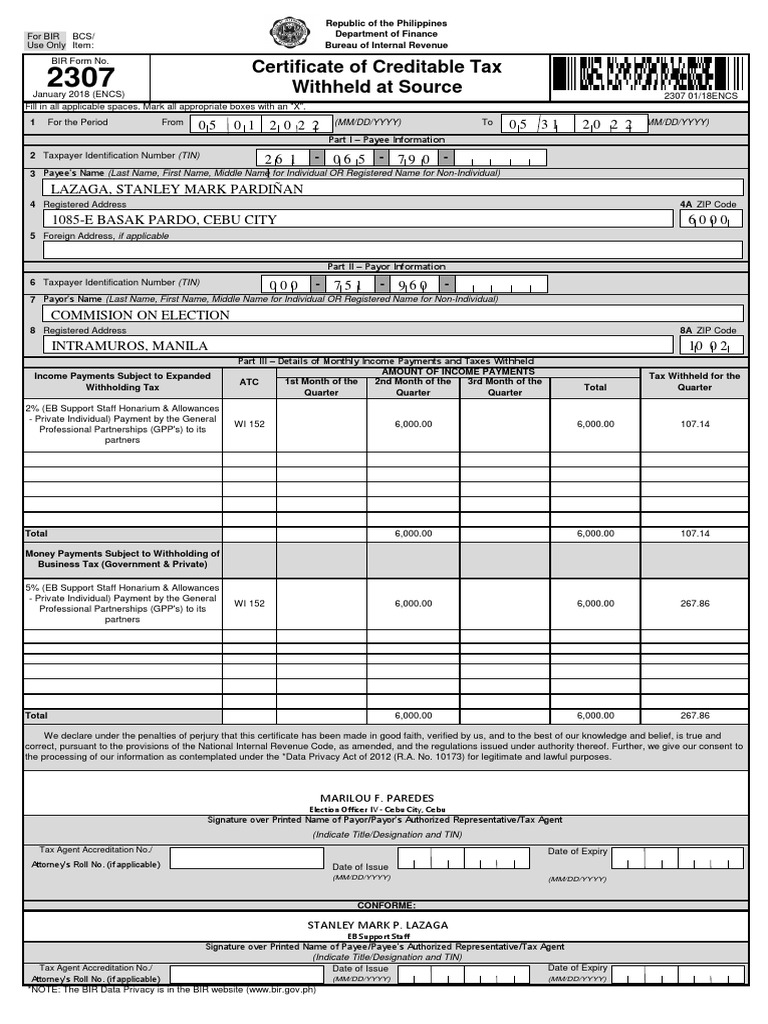 BIR Form 2307: Tax Withholding Certificate | PDF | Value Added Tax | Taxes