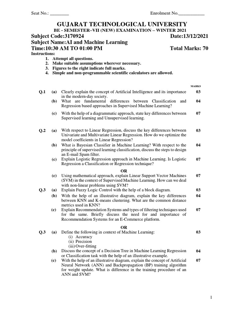 Machine Learning Exam Questions: Key Concepts in Supervised and ...