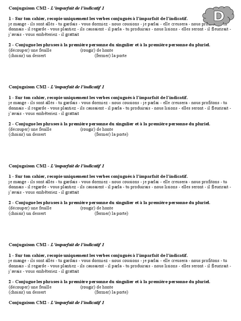 CM2 Limparfait de Lindicatif Exercices | PDF | Arts du langage et ...
