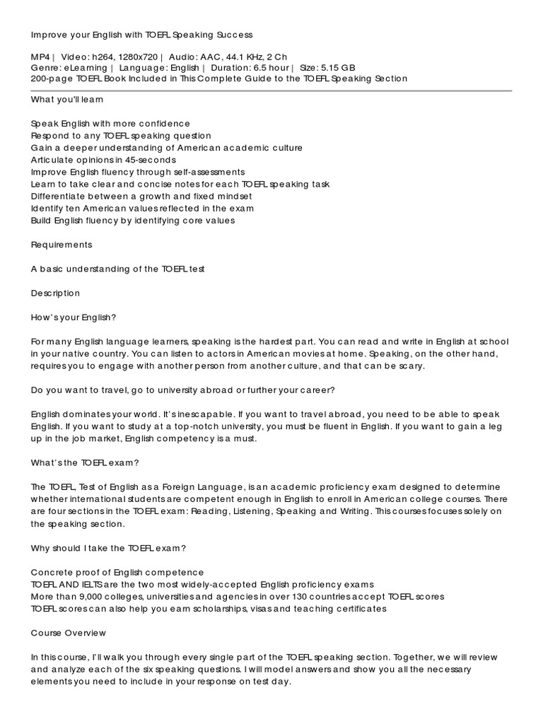 Improve Your English With TOEFL Speaking Success | PDF | Test Of ...