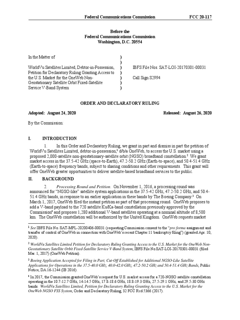 FCC 20 117a1 PDF Radio Spectrum Communications Satellite