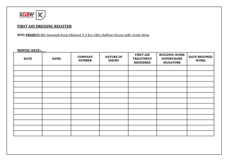 First Aid Dressing Register Template | PDF