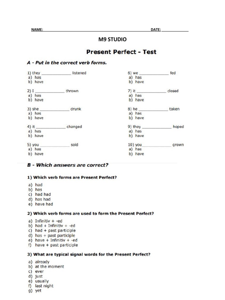 EXAMEN Present Perfect | PDF