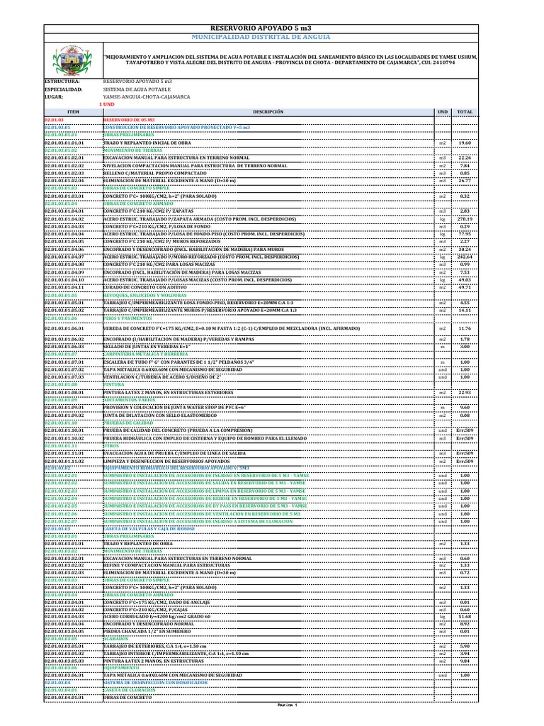 RESERVORIO 5m3 - BV | PDF | Hormigón | Materiales
