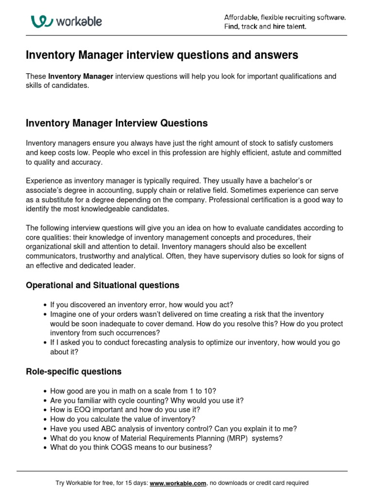 Inventory Manager Interview Questions PDF Inventory Business Process