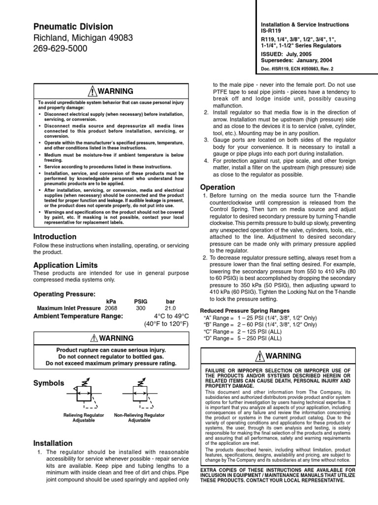 r119 03d m1 Parker Air Regulator Service Instructions PDF Valve