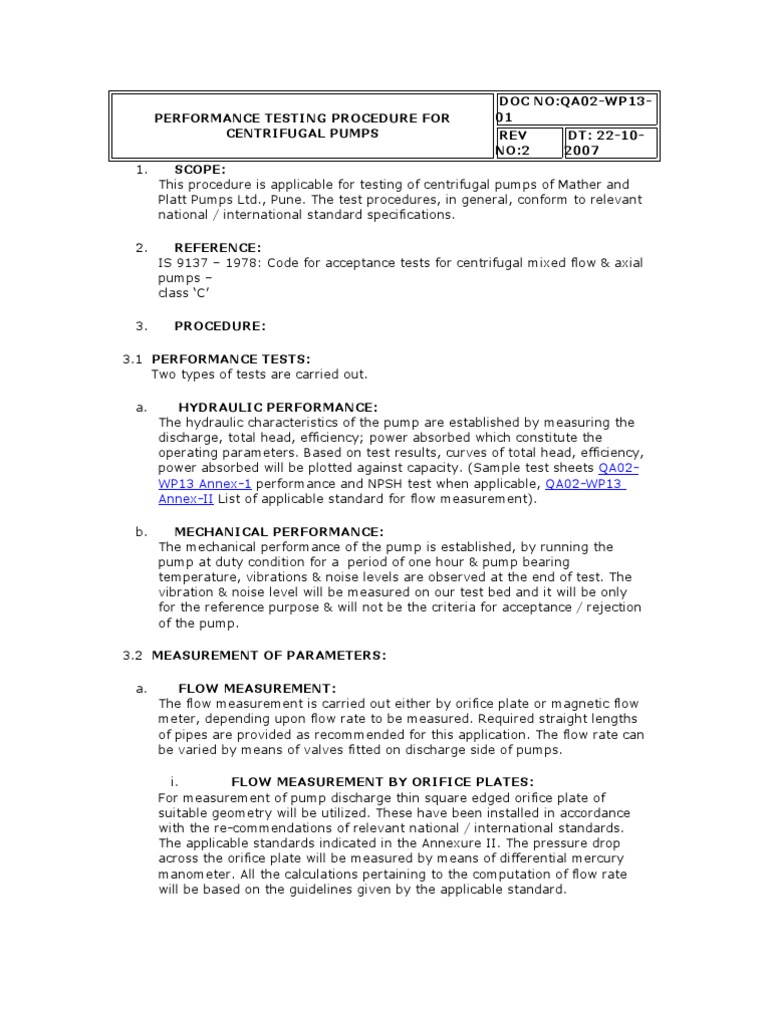 Performance Testing Procedure for Centrifugal Pumps Pressure