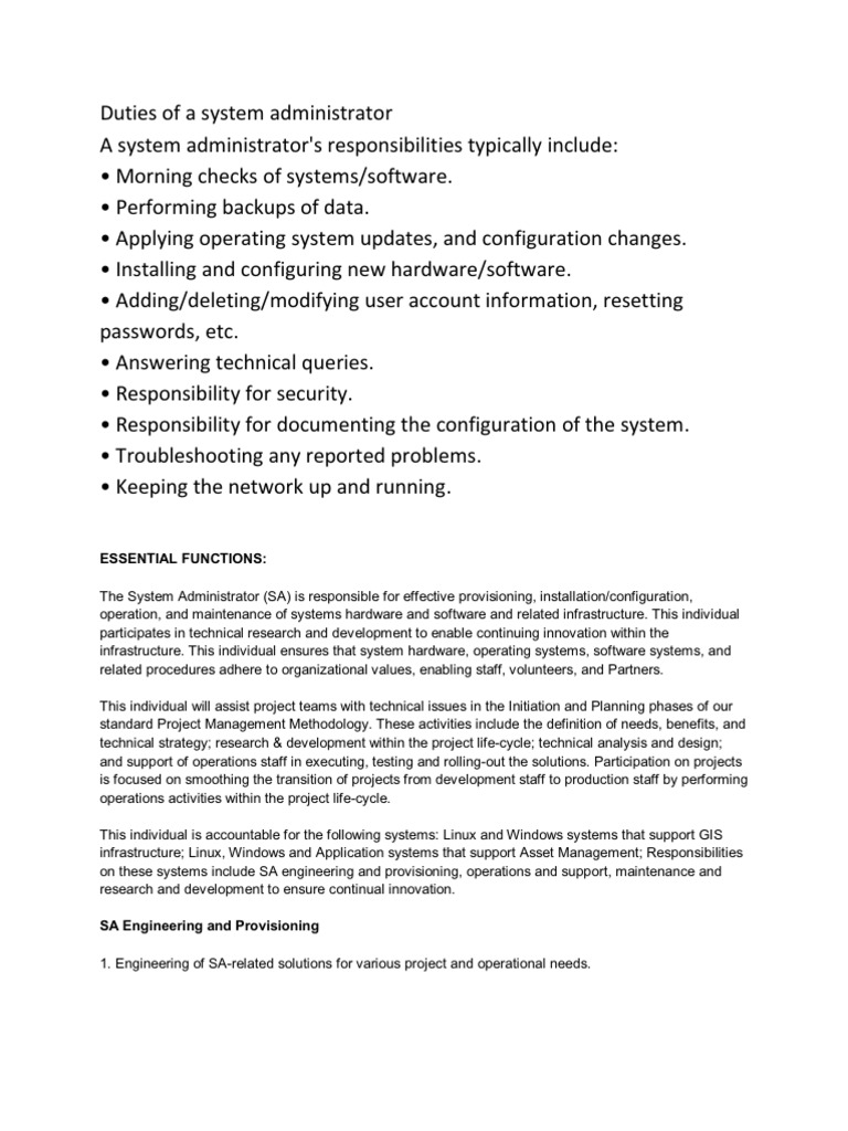 Duties of a System Administrator System Administrator Provisioning