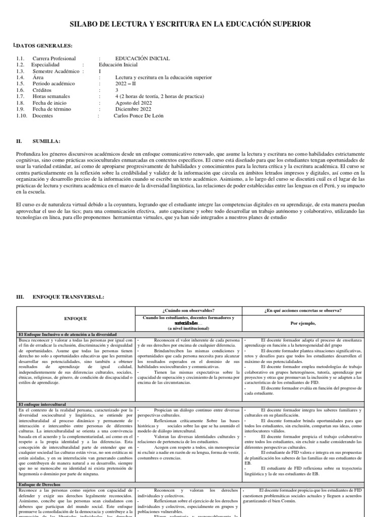 Silabo de Lectura y Escritura en La Educación Superior | PDF ...