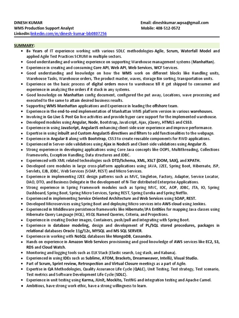 Dinesh Kumar Wms Production Support Analyst Mobile 4085120572