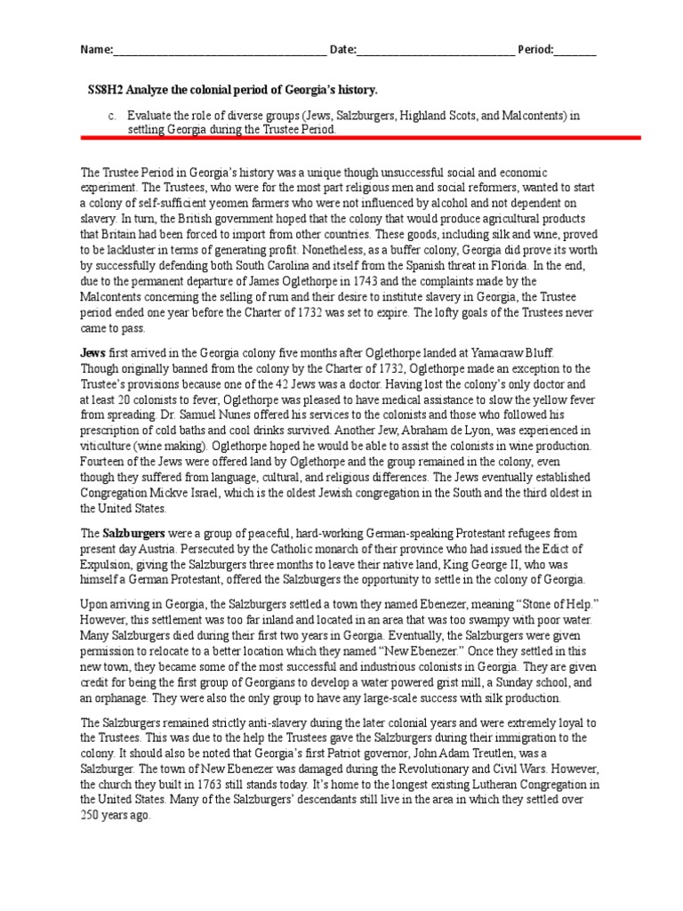 Diverse Groups in the Trustee Period of Colonial History The