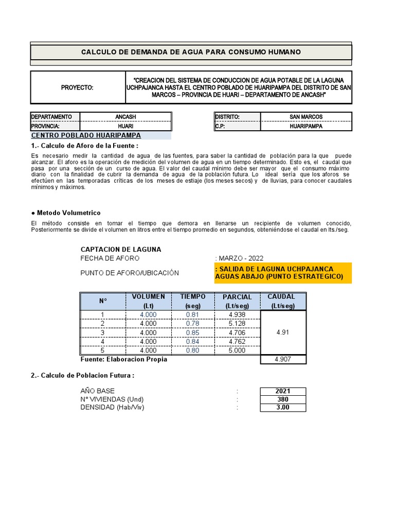 Demanda de Agua Potable en Huaripampa | PDF