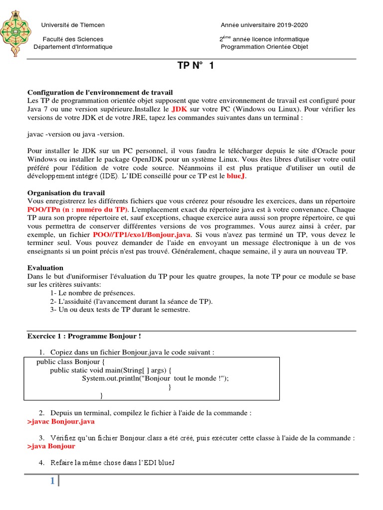 TP N°1 : Configuration Java et Exos POO | PDF | Java (Langage de ...