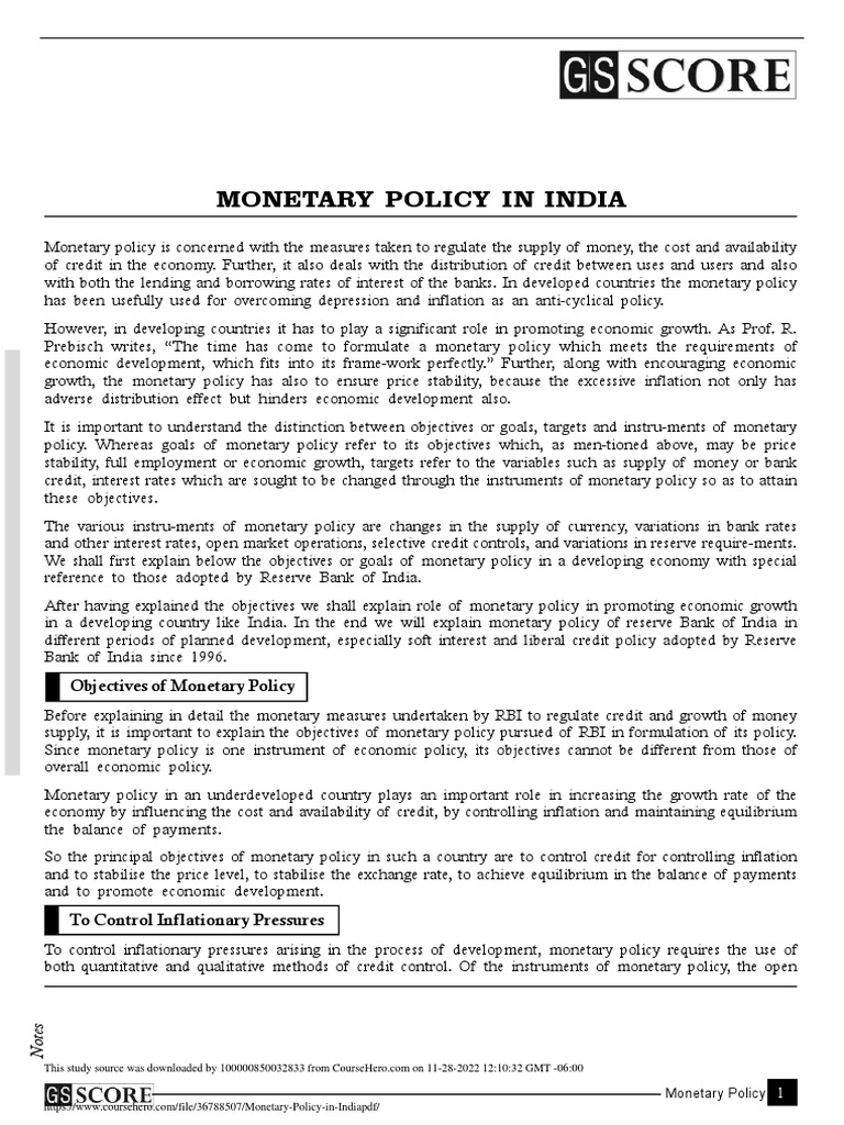 Monetary Policy Objectives in India | PDF | Monetary Policy | Reserve ...