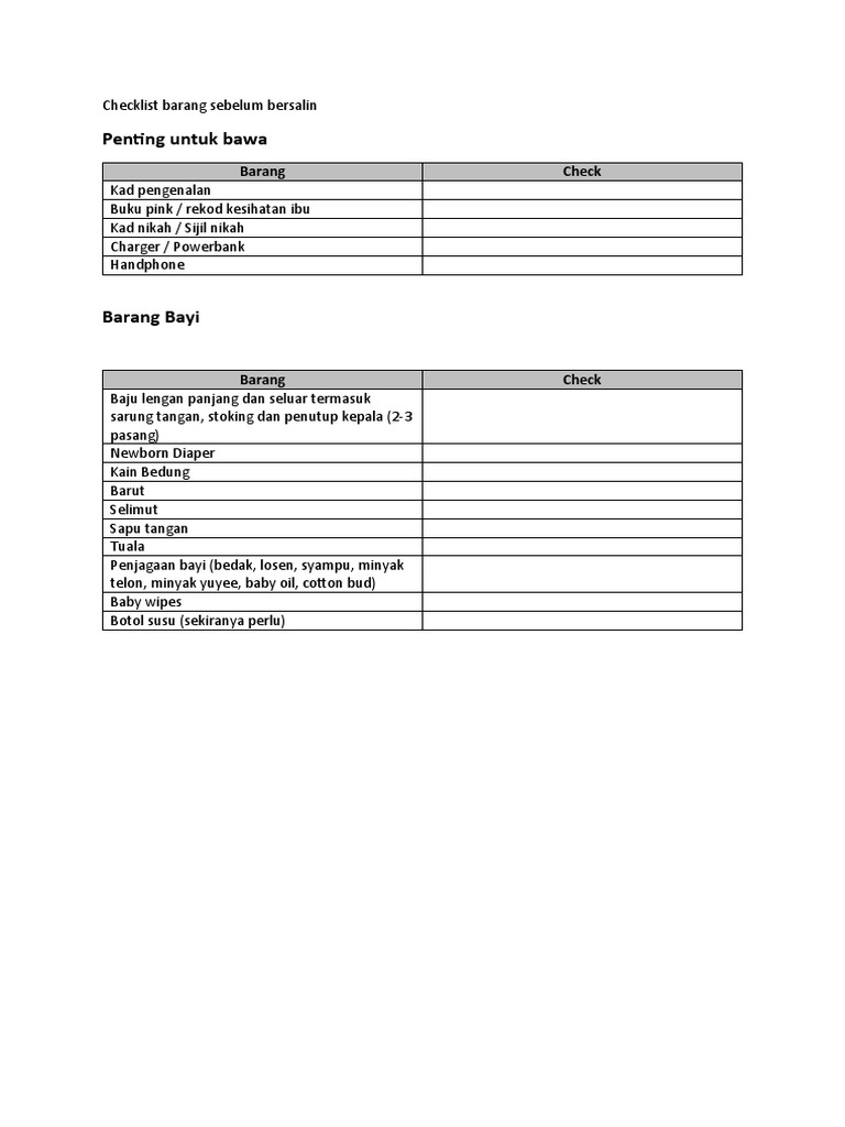 Checklist Barang Sebelum Bersalin | PDF