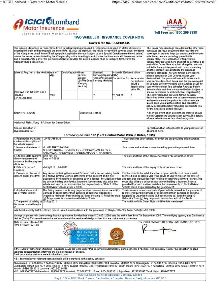 ICICI Lombard Two Wheeler Insurance Note | PDF | Driver's License ...