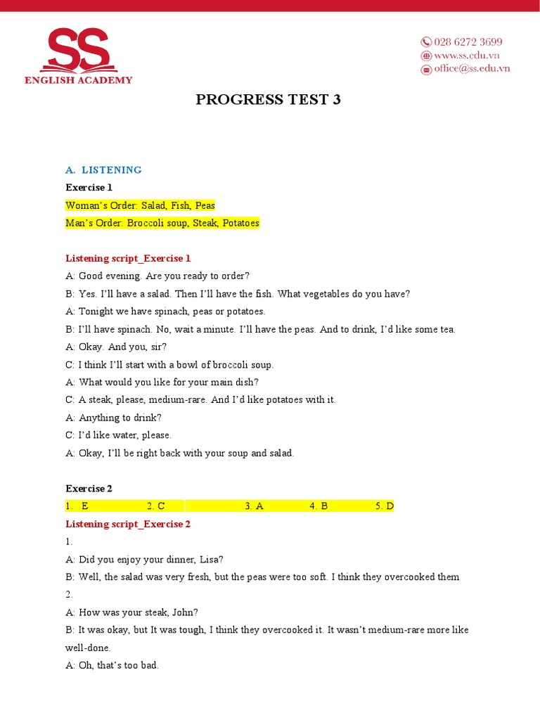 Listening and Reading Progress Test 3 | PDF | Salad | Cuisine