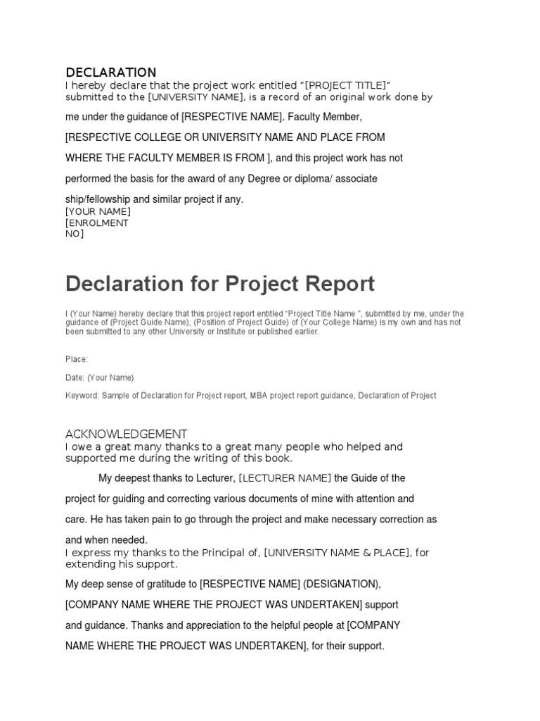 Declaration For Project Report | PDF | Gratitude | Curriculum