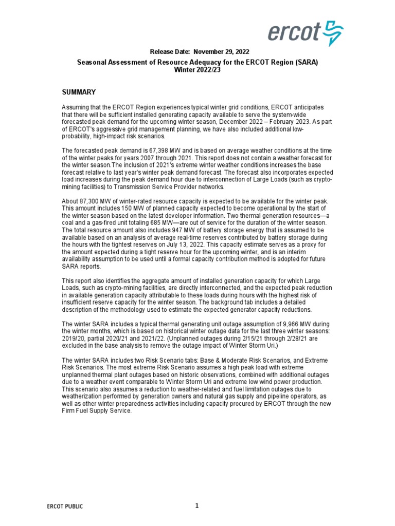 ERCOT Winter 2022/23 Capacity Assessment | PDF | Electrical Grid ...