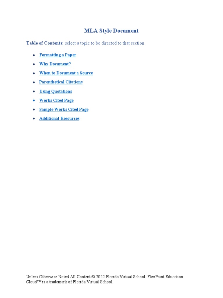 MLA Style Document: Table of Contents: Select A Topic To Be Directed To ...