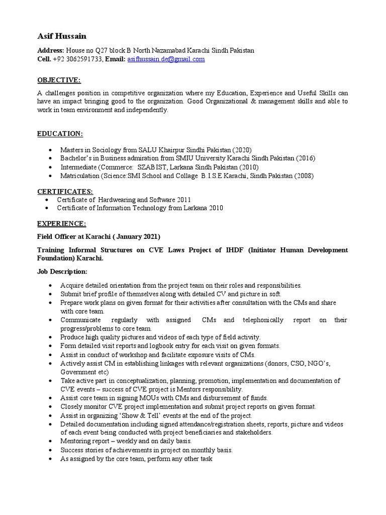 CV Asif Hussain PDF Recruitment Job Interview