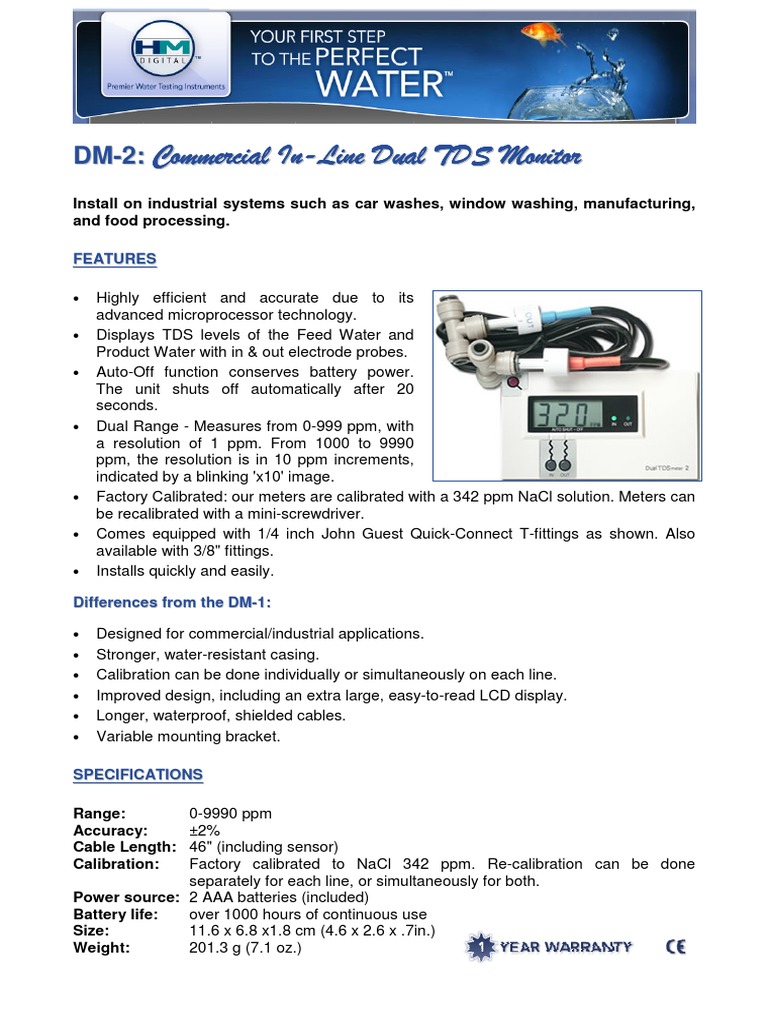 Medidor TDS De Doble Sonda En Línea SpectraPure HM Digital DM-1 – Control De Pureza Del Agua