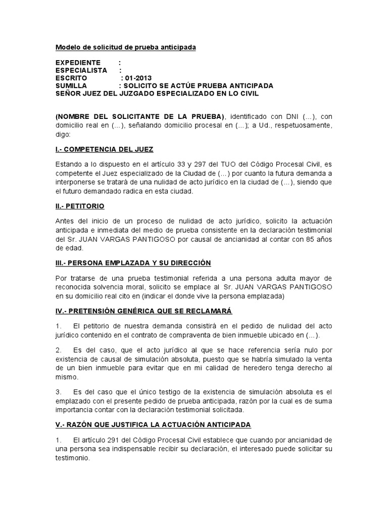 Modelo de Solicitud de Prueba Anticipada1 | Descargar gratis PDF