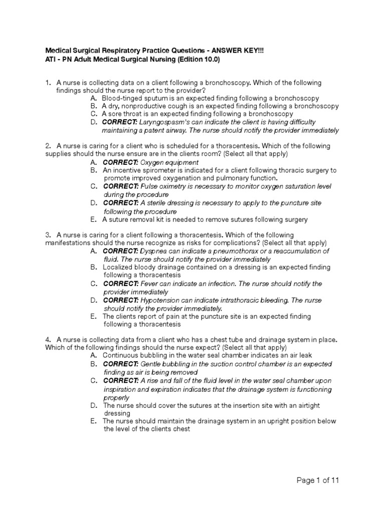 ATI Repiratory Questions - Answer Key | PDF | Pneumonia | Asthma