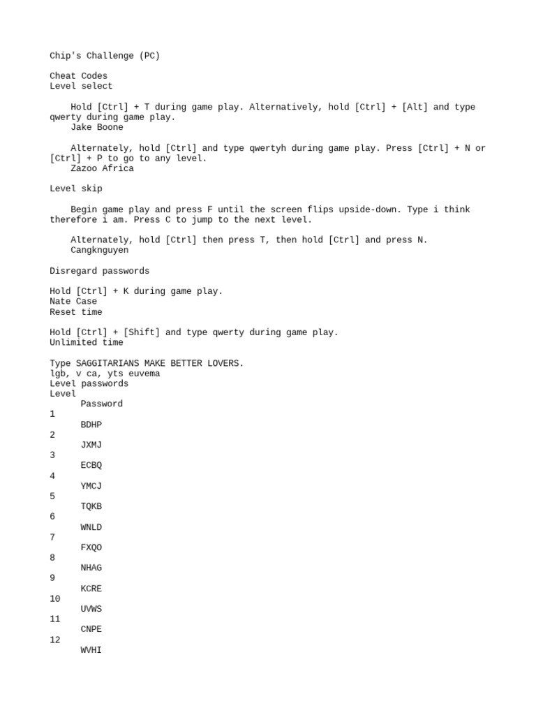 Chips Challenge Cheats PDF