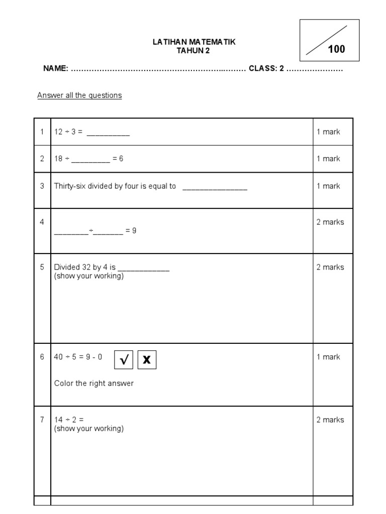 Latihan Matematik Tahun 2 NAME 